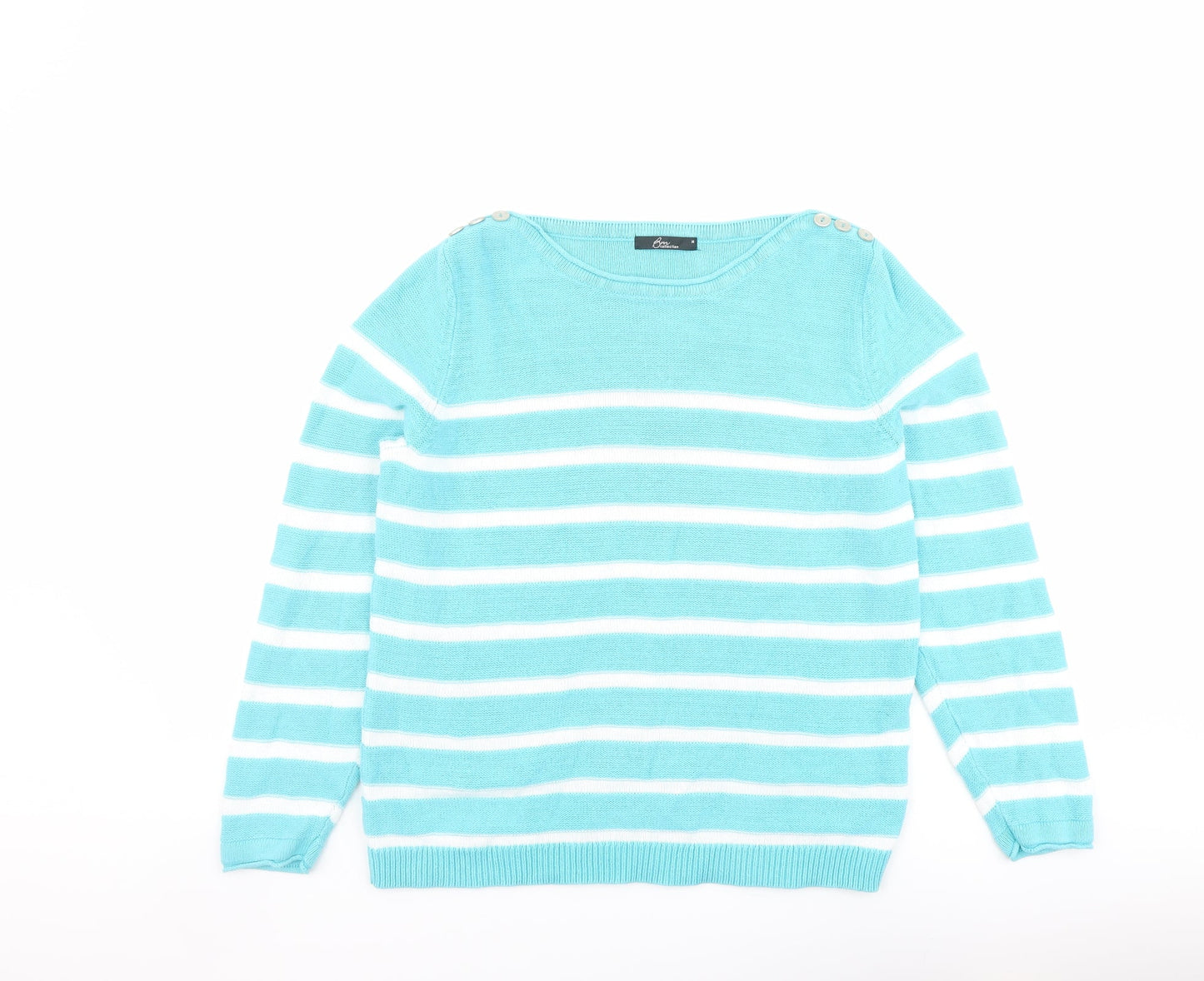 Bonmarché Womens Blue Boat Neck Striped Cotton Pullover Jumper Size M