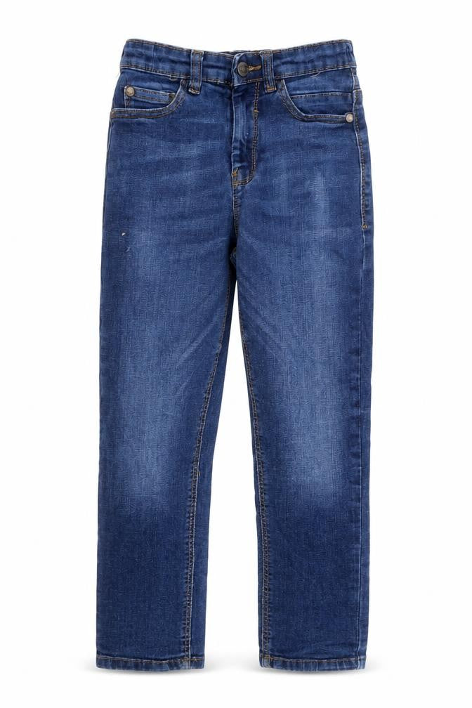 Front view of Next boys’ blue cotton straight jeans, size 9, months regular button