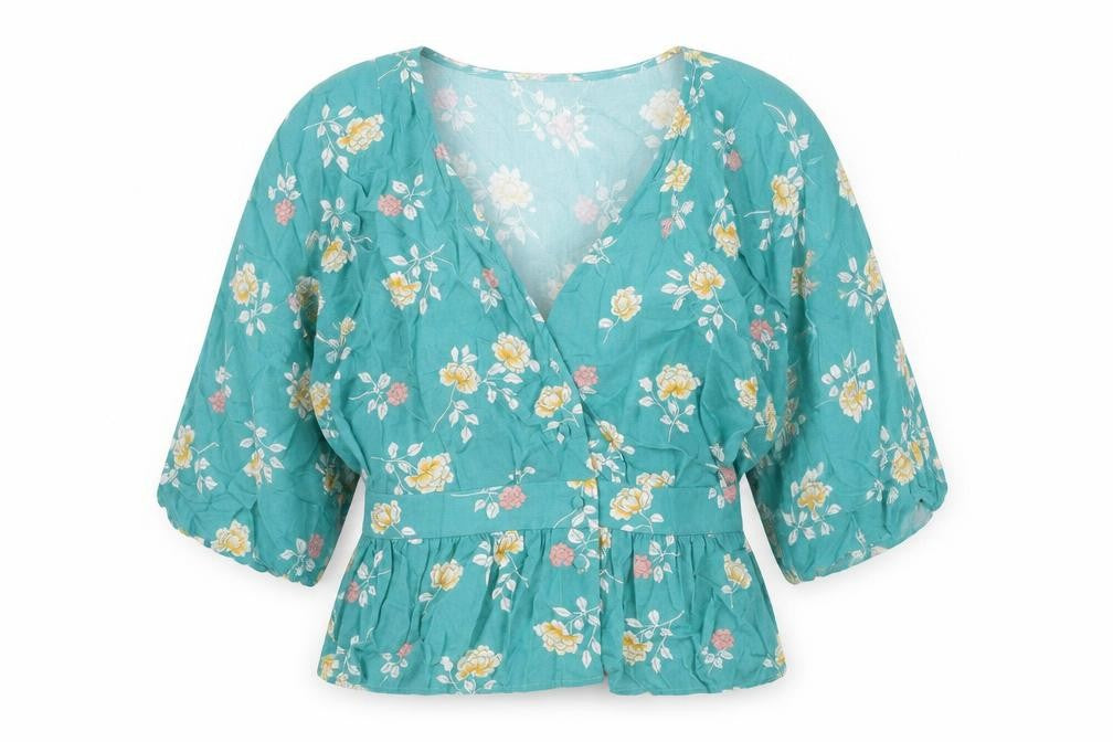 Front view of Red Herring women’s blue floral viscose basic blouse, size UK 8, v-neck