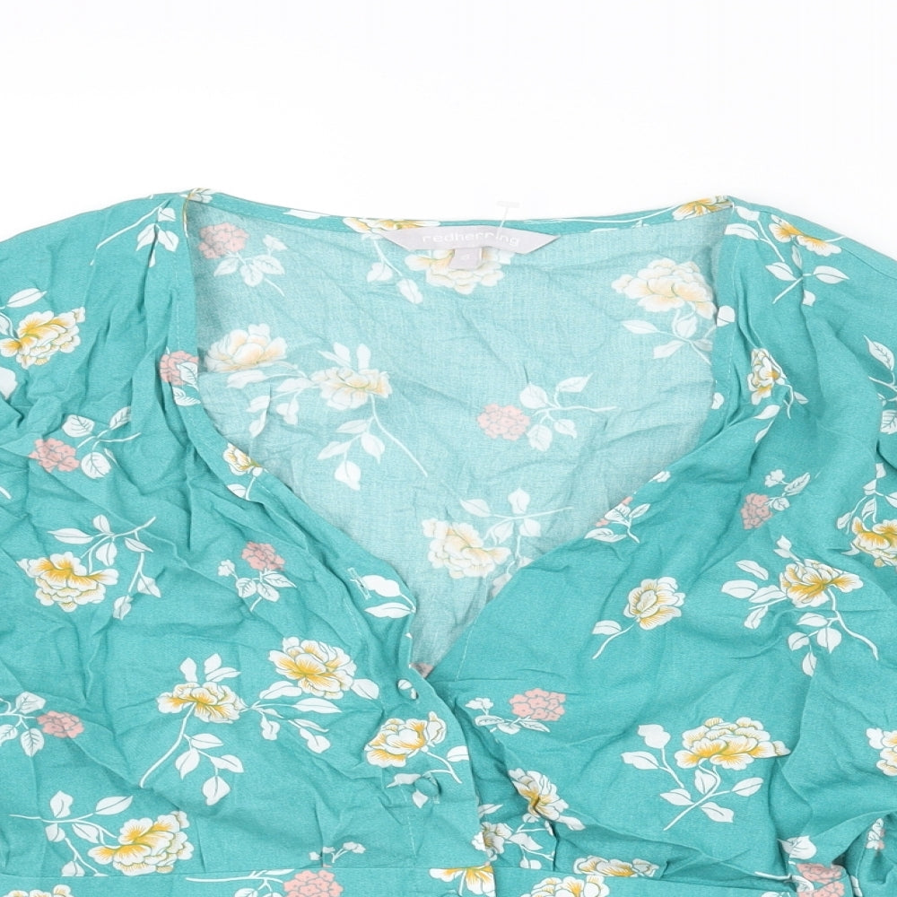 Red Herring Womens Blue Floral Viscose Basic Blouse Size 8 V-Neck