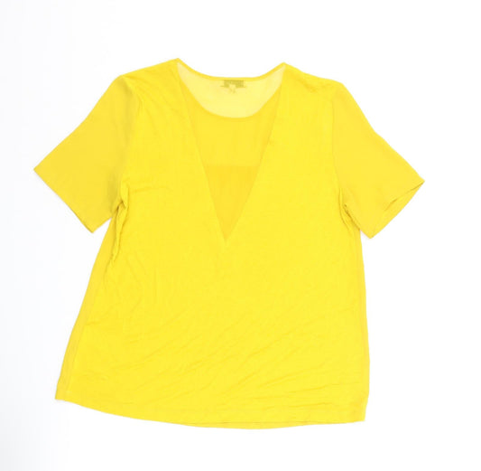 Warehouse Womens Yellow Viscose Basic T-Shirt Size 12 Roll Neck - Semi Sheer V Neck