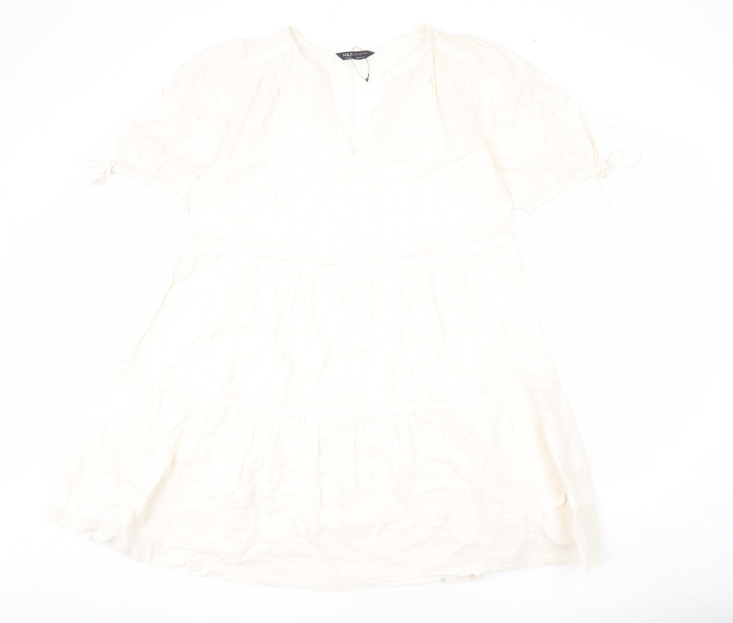 Marks and Spencer Womens Beige Geometric 100% Cotton A-Line Size 12 V-Neck Pullover - Bows