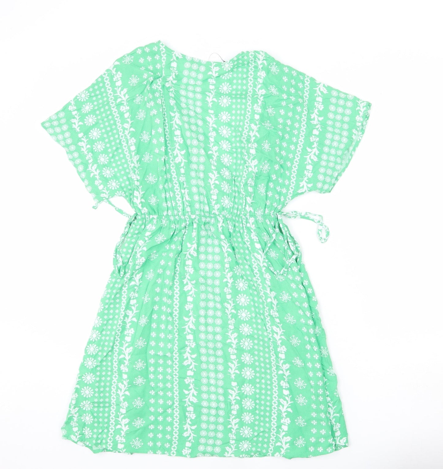 Marks and Spencer Womens Green Geometric Viscose A-Line Size 8 V-Neck Pullover - Tie Detail