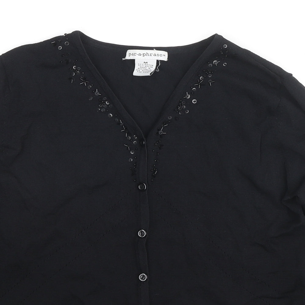 Paraphrase Womens Black V-Neck Rayon Cardigan Jumper Size M - Sequin Detail