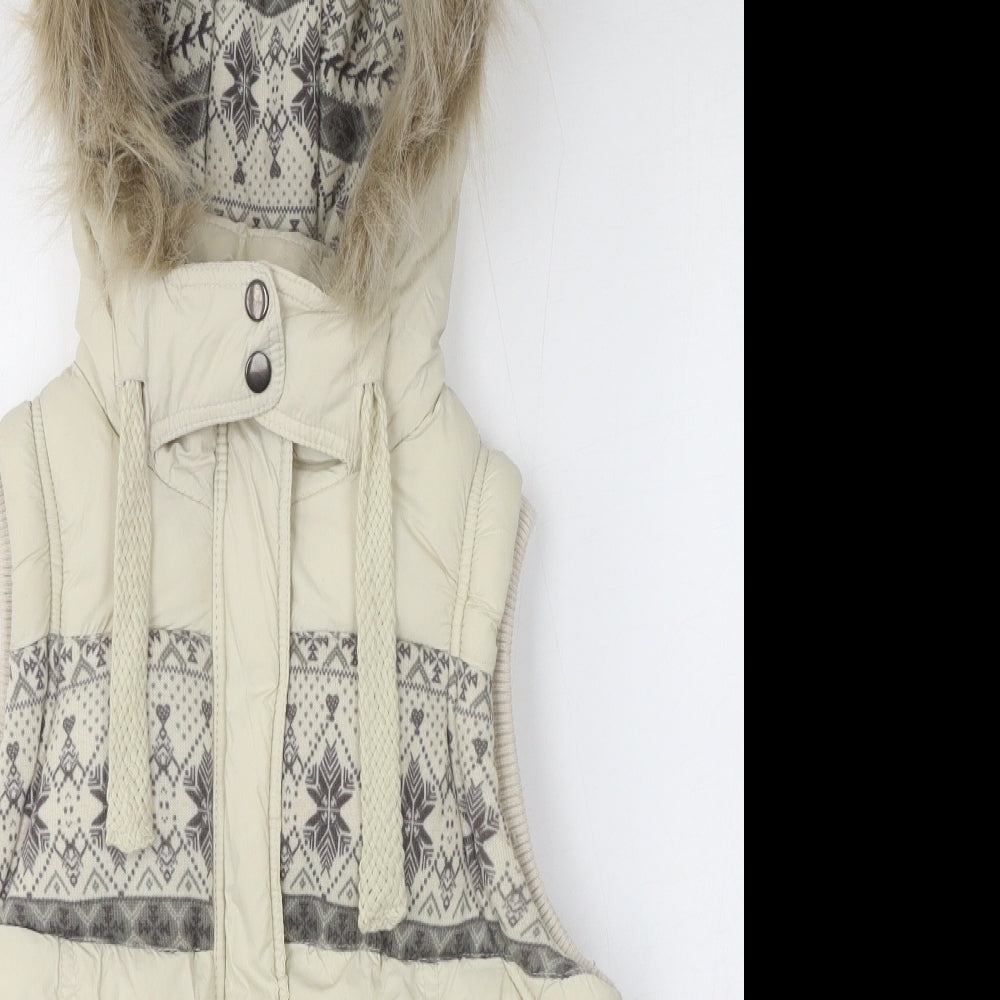 New Look Womens Beige Gilet Jacket Size 10 Zip - Faux Fur Hood, Puffer Jacket