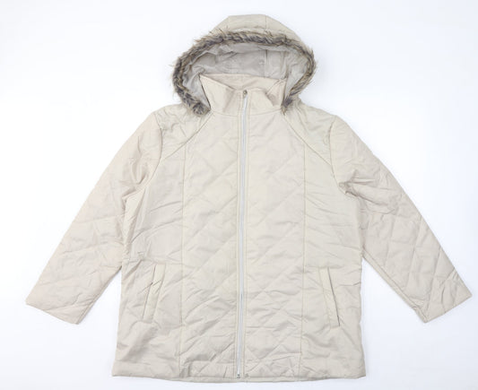 Anne De Lancay Womens Ivory Quilted Coat Size L Zip - Faux Fur Hood
