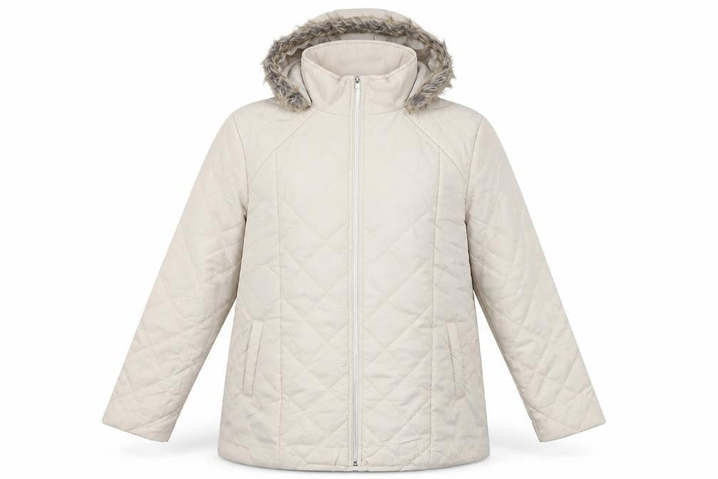 Front view of Anne De Lancay women’s ivory quilted coat, size L, zip - faux fur hood