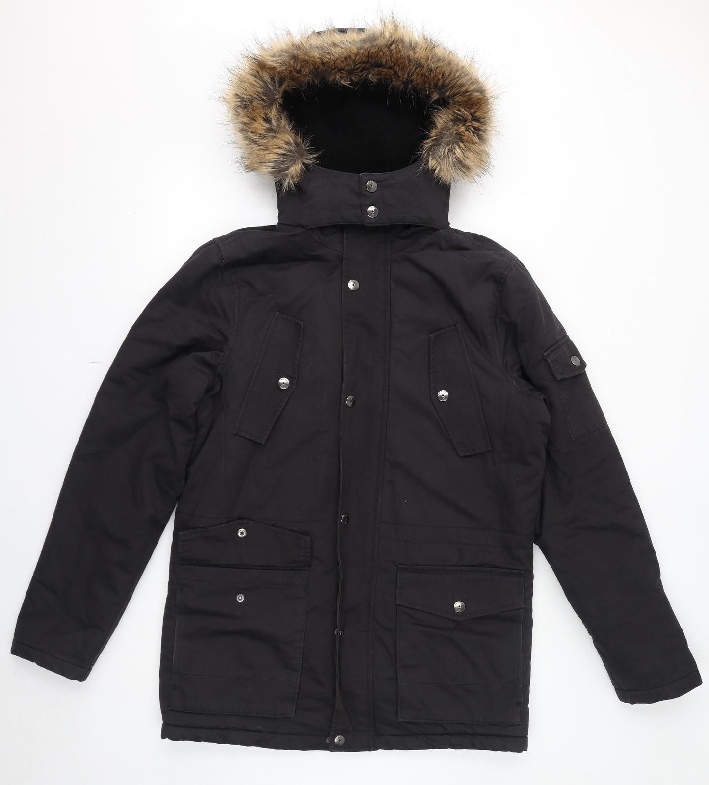 NEXT Womens Black Parka Coat Size S Zip - Faux Fur Hood