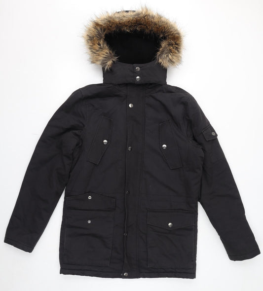 NEXT Womens Black Parka Coat Size S Zip - Faux Fur Hood