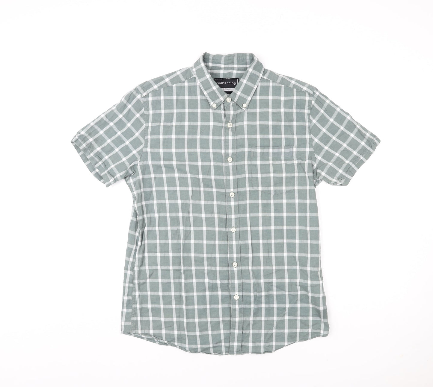 Red Herring Mens Green Check Cotton Button-Up Size M Round Neck Button