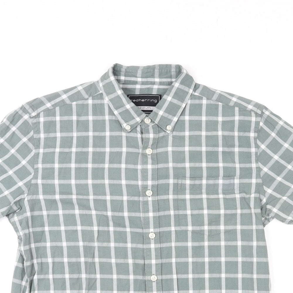 Red Herring Mens Green Check Cotton Button-Up Size M Round Neck Button