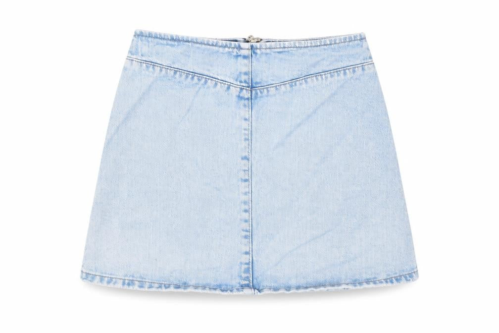 Front view of ASOS women’s blue cotton a-line skirt, size UK 8, zip