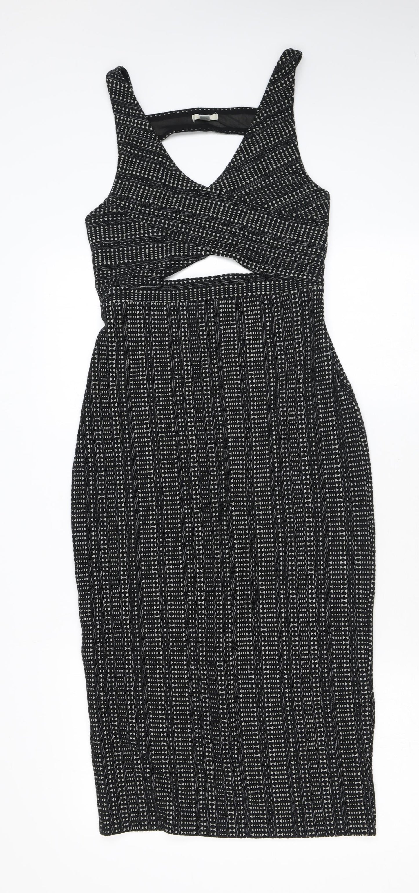 Ecote Womens Black Geometric Cotton Bodycon Size S V-Neck Zip - Cutout