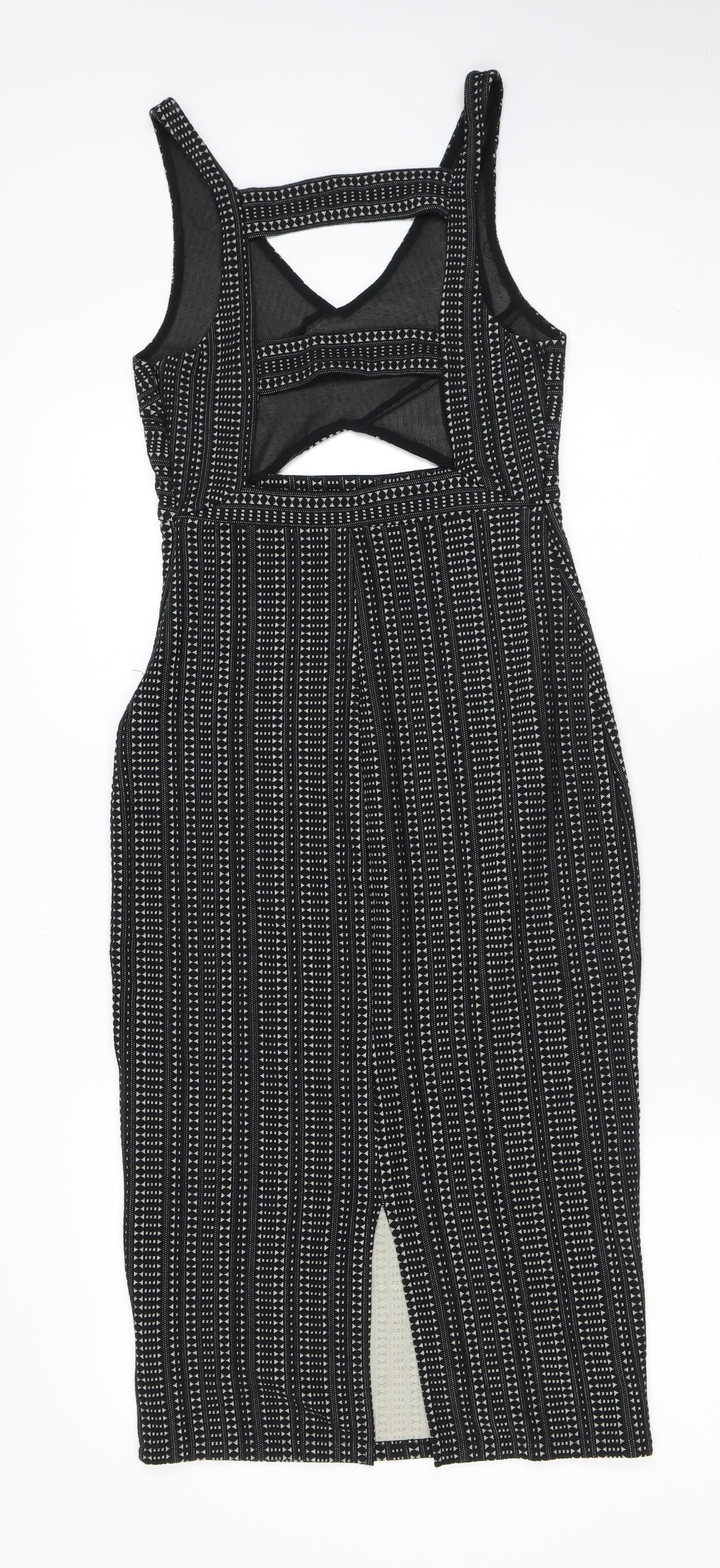 Ecote Womens Black Geometric Cotton Bodycon Size S V-Neck Zip - Cutout