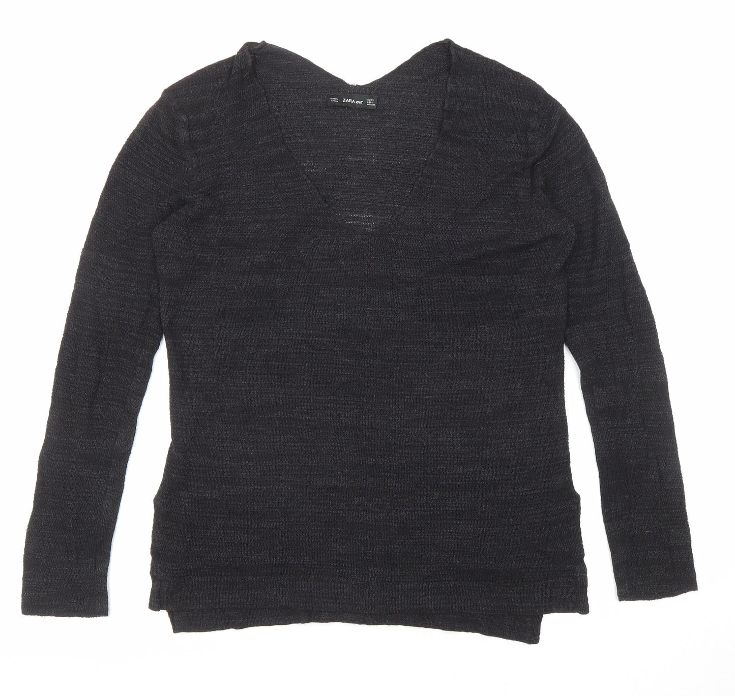 Zara Womens Black V-Neck Acrylic Pullover Jumper Size S