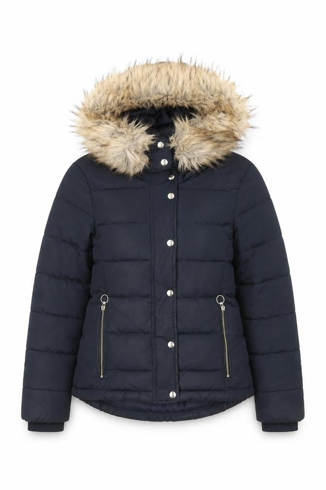 Topshop Womens Black Puffer Jacket Jacket Size 8 Zip - Pockets Faux Fur Trim