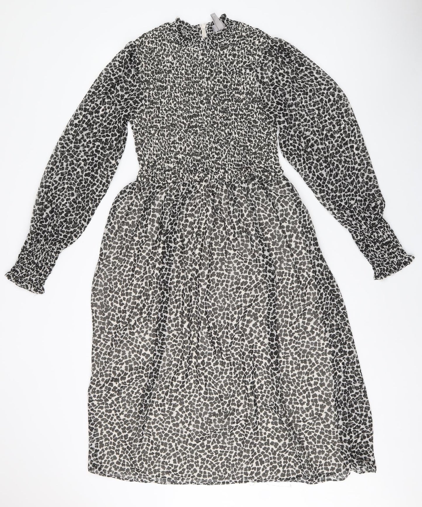 H&M Womens Black Animal Print Polyester Fit & Flare Size 6 Round Neck Zip - Leopard Print