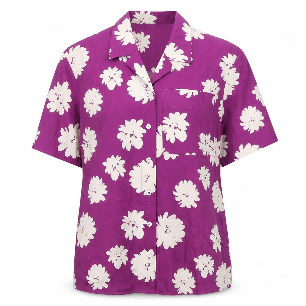 Marks and Spencer Womens Purple Floral 100% Cotton Basic Button-Up Size 10 Collared