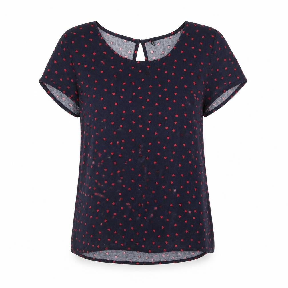 Front view of Only women’s blue geometric viscose basic blouse, size UK 8, round neck - heart print