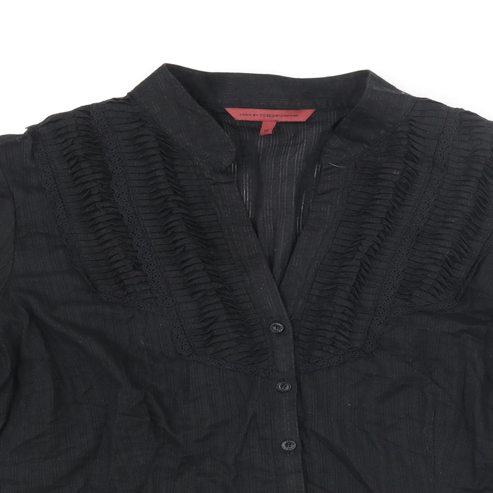 John Richmond Womens Black Cotton Basic Button-Up Size 10 V-Neck - Pleated Lace Trim