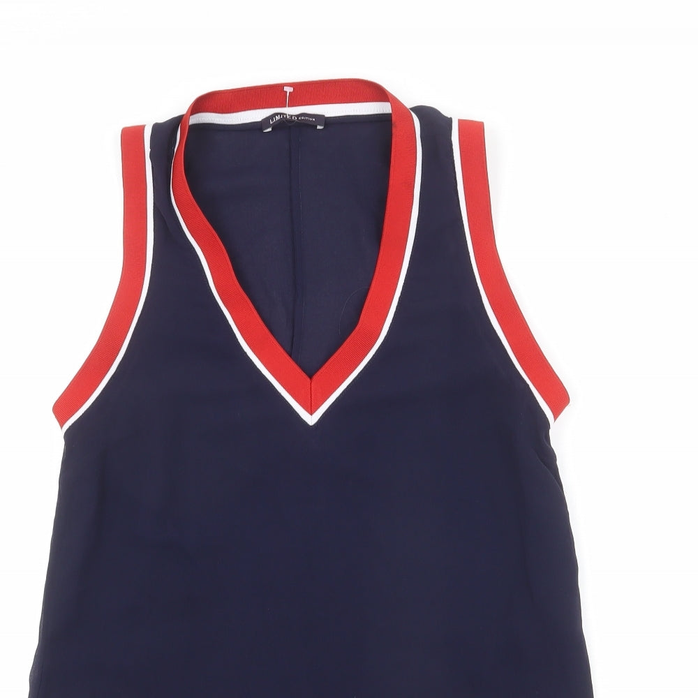 Limited Edition Womens Blue Polyester Basic Tank Size 6 V-Neck - Blouse, Elastic Stripe Detail