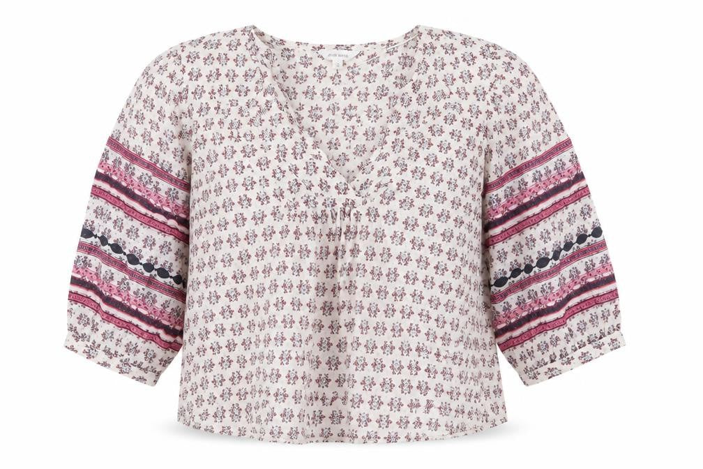 Per Una Womens Beige Floral 100% Cotton Basic Blouse Size S V-Neck - Geometric Detailing
