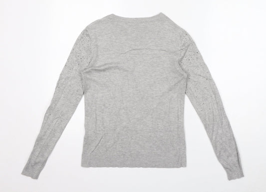 Warehouse Womens Grey Polyamide Jersey T-Shirt Size 10 Boat Neck - Gem Embellishments