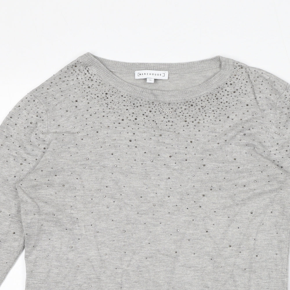 Warehouse Womens Grey Polyamide Jersey T-Shirt Size 10 Boat Neck - Gem Embellishments