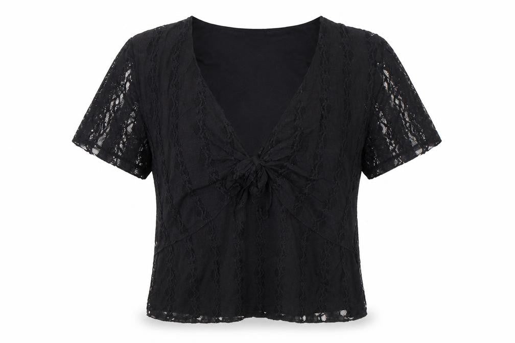 Bonmarché Womens Black Nylon Wrap T-Shirt Size M V-Neck - Lace