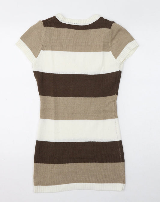 Terranova Womens Brown Striped Acrylic Bodycon Size S V-Neck Pullover