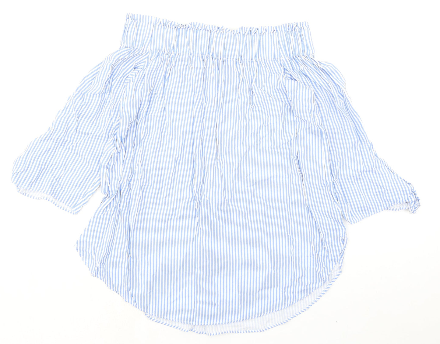 H&M Womens Blue Striped Viscose Basic Blouse Size 8 Off the Shoulder - Tie Sleeves