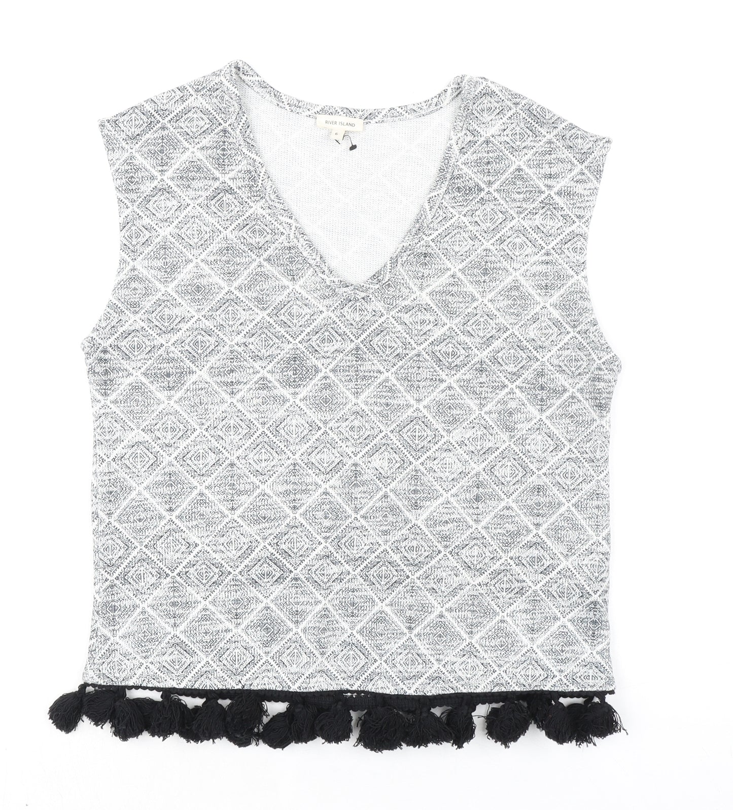 River Island Womens Grey Geometric Polyester Basic Blouse Size 6 V-Neck - Fringed Hem