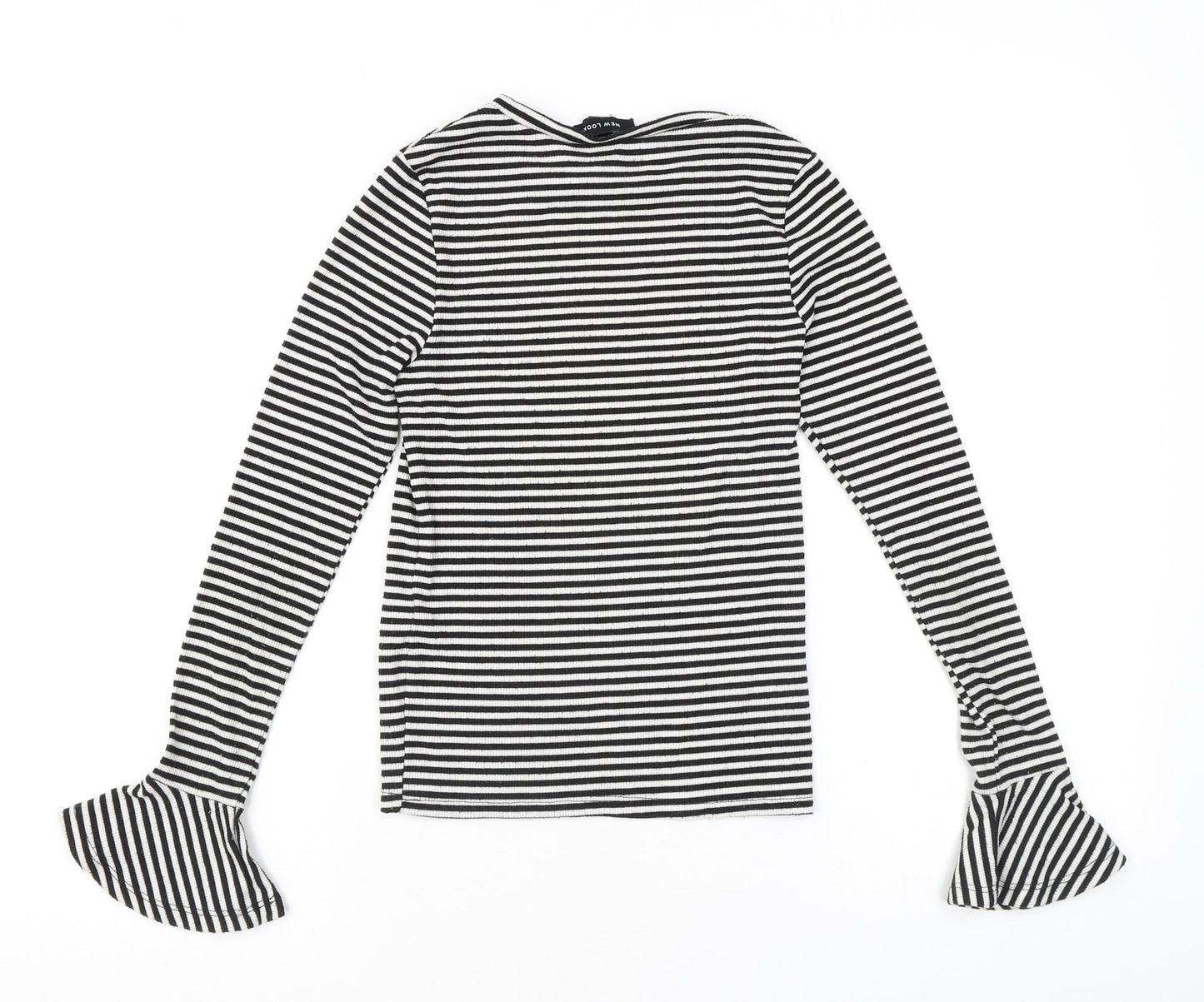 New Look Womens Black Striped Polyester Basic T-Shirt Size 6 Round Neck - Flared sleeves
