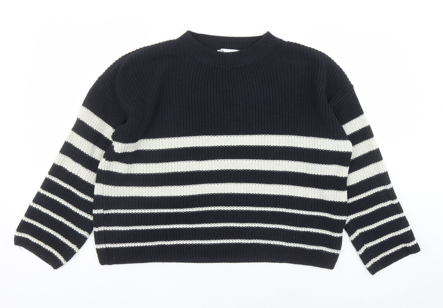 Zara Womens Blue Round Neck Striped Cotton Pullover Jumper Size S
