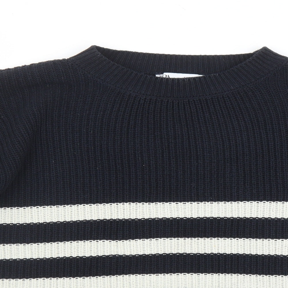 Zara Womens Blue Round Neck Striped Cotton Pullover Jumper Size S