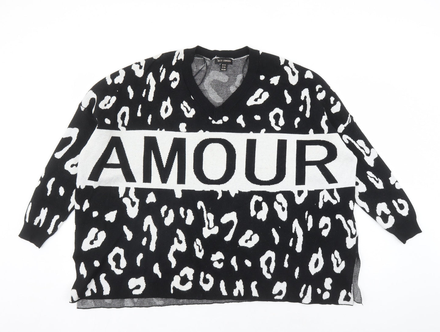 QED London Womens Black V-Neck Animal Print Acrylic Pullover Jumper Size S - Leopard Pattern Size S-M Amour