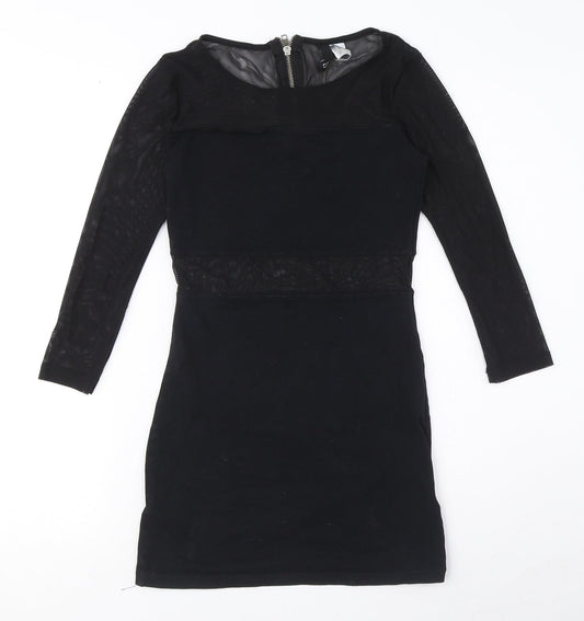 89th & Madison Womens Black Cotton Mini Size 6 Round Neck Zip - Mesh Cut Out Detail