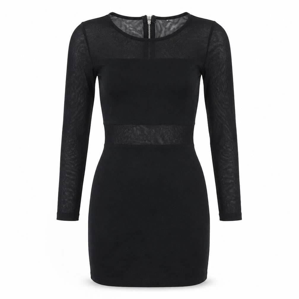 89th & Madison Womens Black Cotton Mini Size 6 Round Neck Zip - Mesh Cut Out Detail