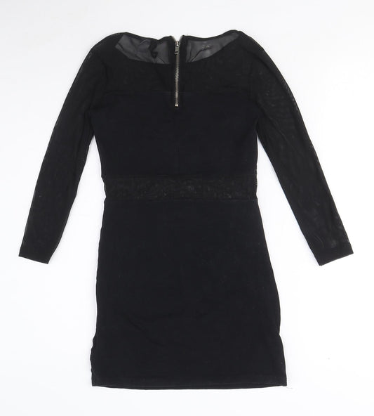 89th & Madison Womens Black Cotton Mini Size 6 Round Neck Zip - Mesh Cut Out Detail