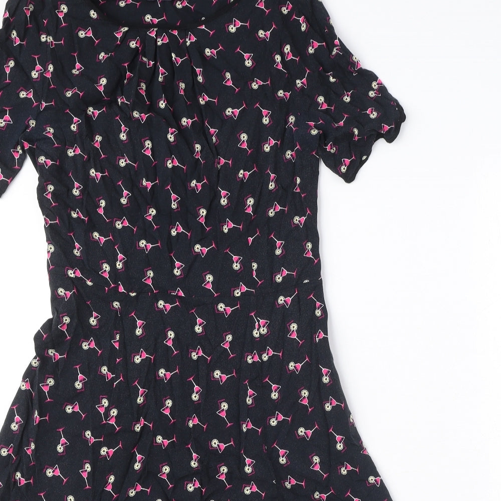 Marks and Spencer Womens Black Geometric Viscose A-Line Size 8 Boat Neck Zip - Cocktail Print