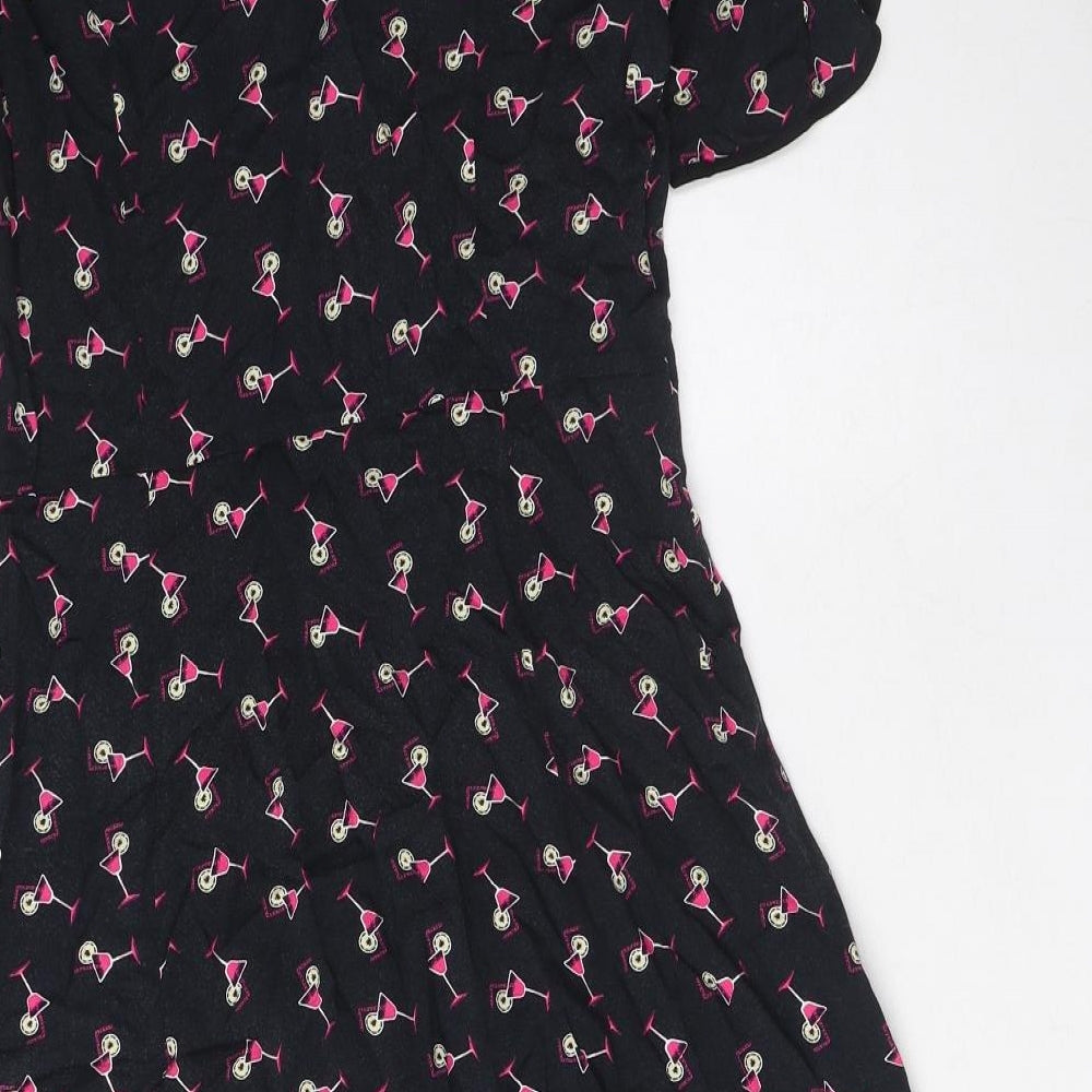 Marks and Spencer Womens Black Geometric Viscose A-Line Size 8 Boat Neck Zip - Cocktail Print