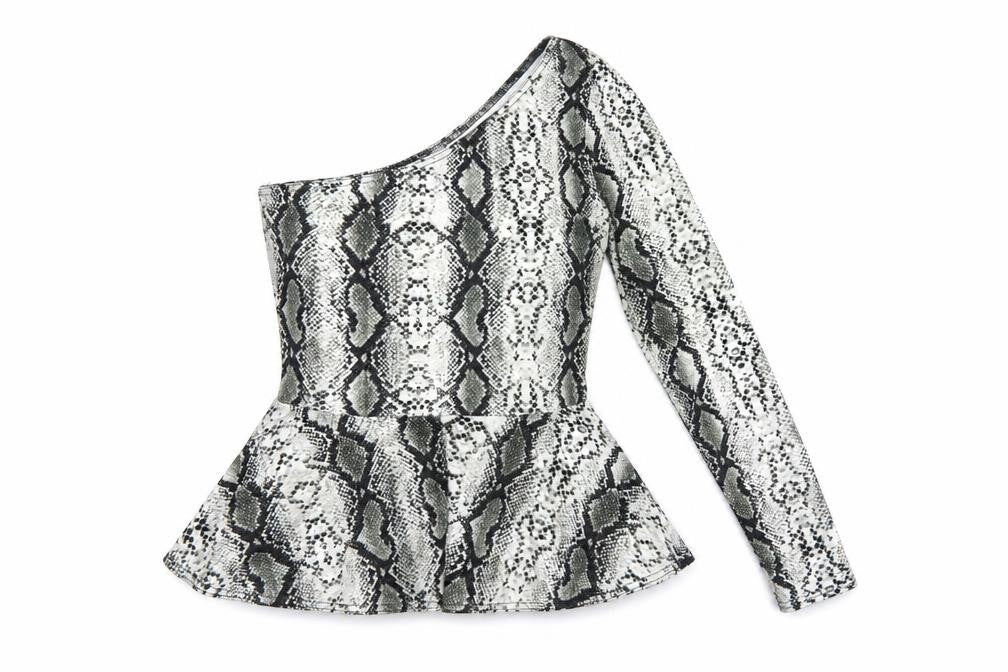 Front view of ASOS women’s black animal print polyester basic t-shirt, size UK 10, one shoulder - snakeskin print