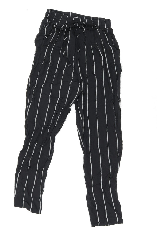 PRETTYLITTLETHING Womens Black Striped Viscose Trousers Size 6 L23 in Regular Drawstring