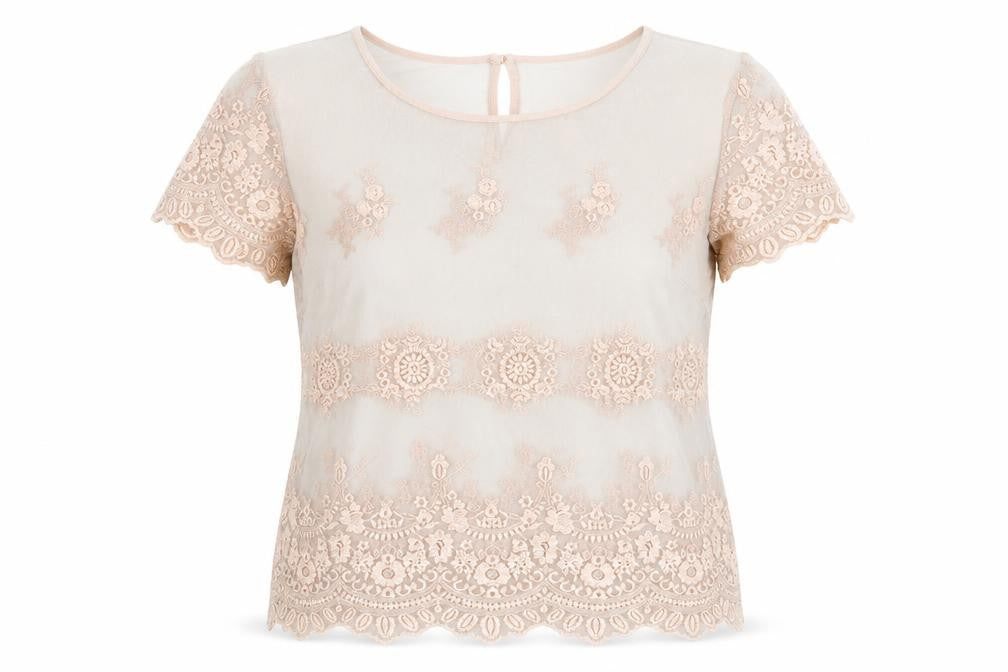 Dorothy Perkins Womens Grey Floral Nylon Basic T-Shirt Size 14 Round Neck - Embroidered Flowers