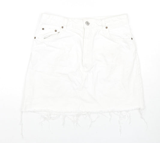 Zara Womens White Cotton A-Line Skirt Size L Zip