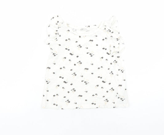 H&M Boys Ivory Floral Cotton Basic T-Shirt Size 5-6 Years Round Neck Pullover