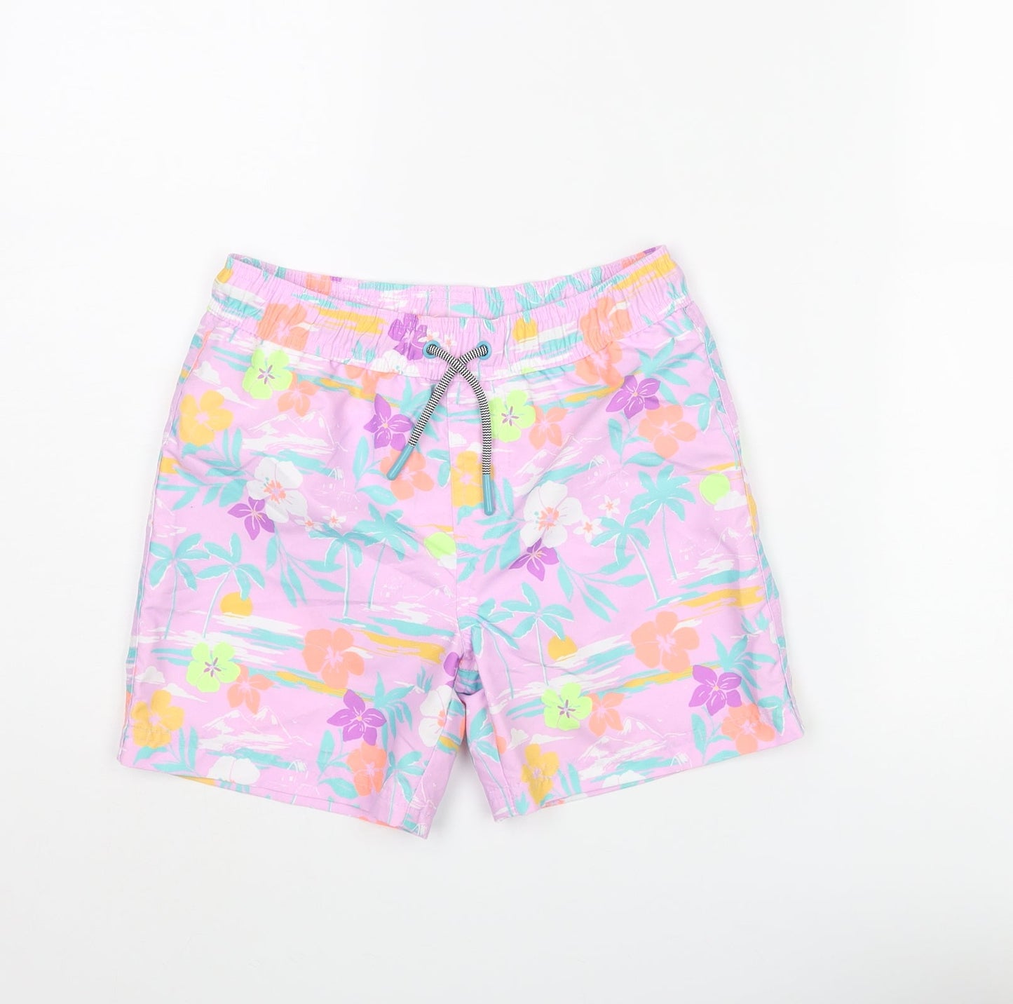 Marks and Spencer Boys Multicoloured Geometric Polyester Sweat Shorts Size 7-8 Years Regular Drawstring - Palm Tree Flower Swim Shorts