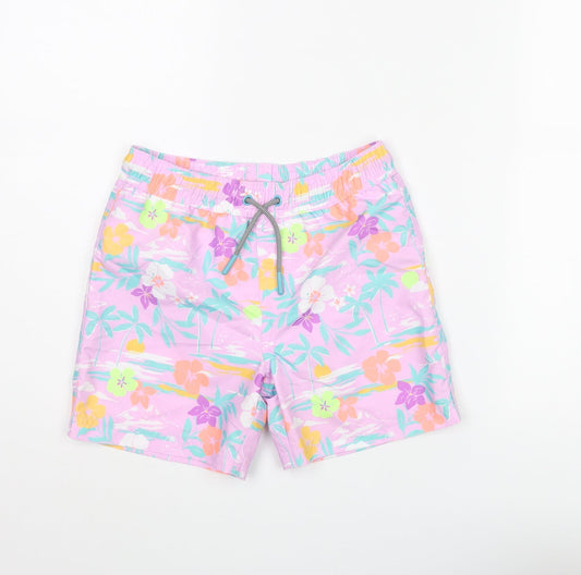 Marks and Spencer Boys Multicoloured Geometric Polyester Sweat Shorts Size 7-8 Years Regular Drawstring - Palm Tree Flower Swim Shorts