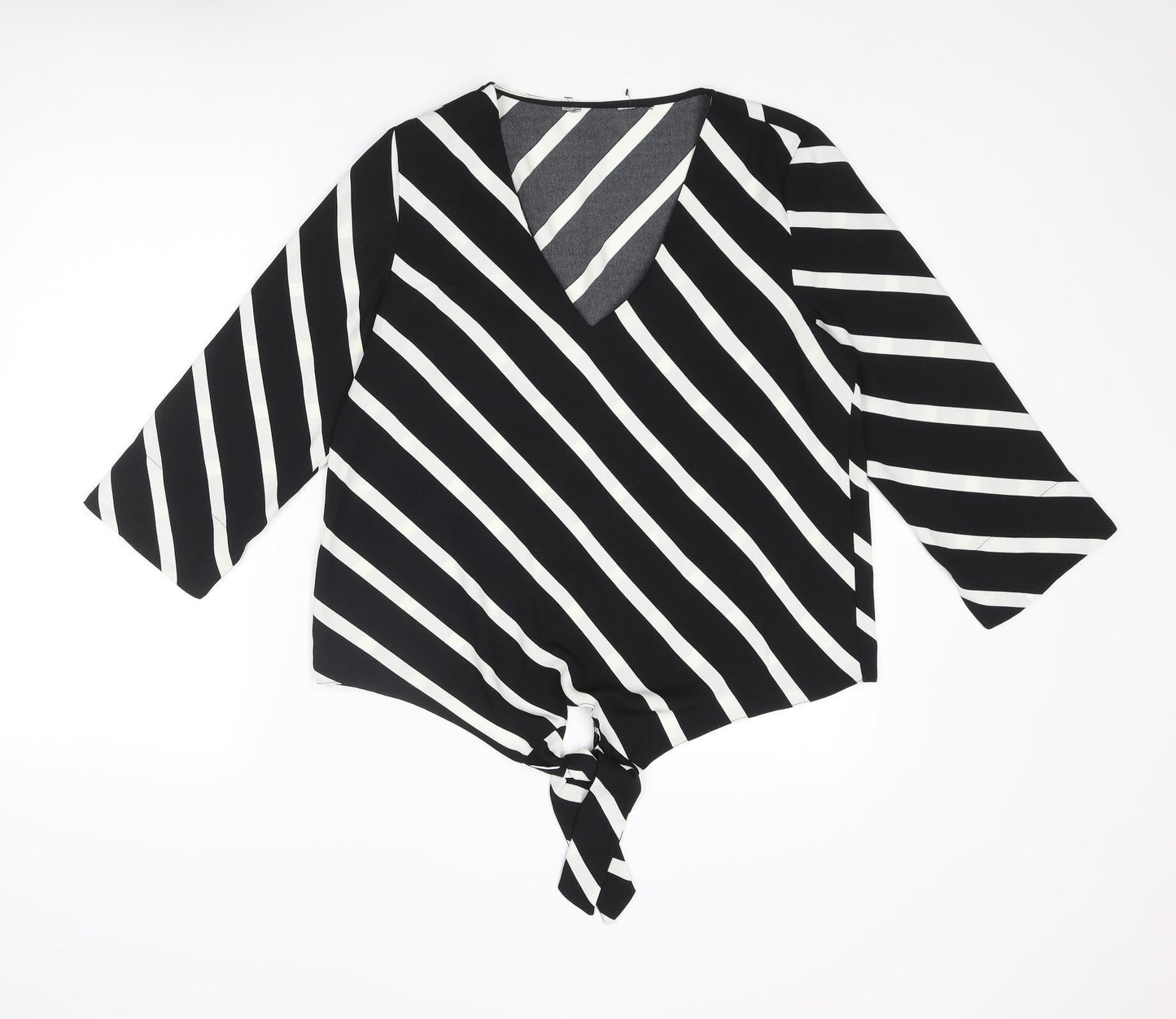 Dorothy Perkins Womens Black Striped Polyester Basic Blouse Size 12 V-Neck - Tie