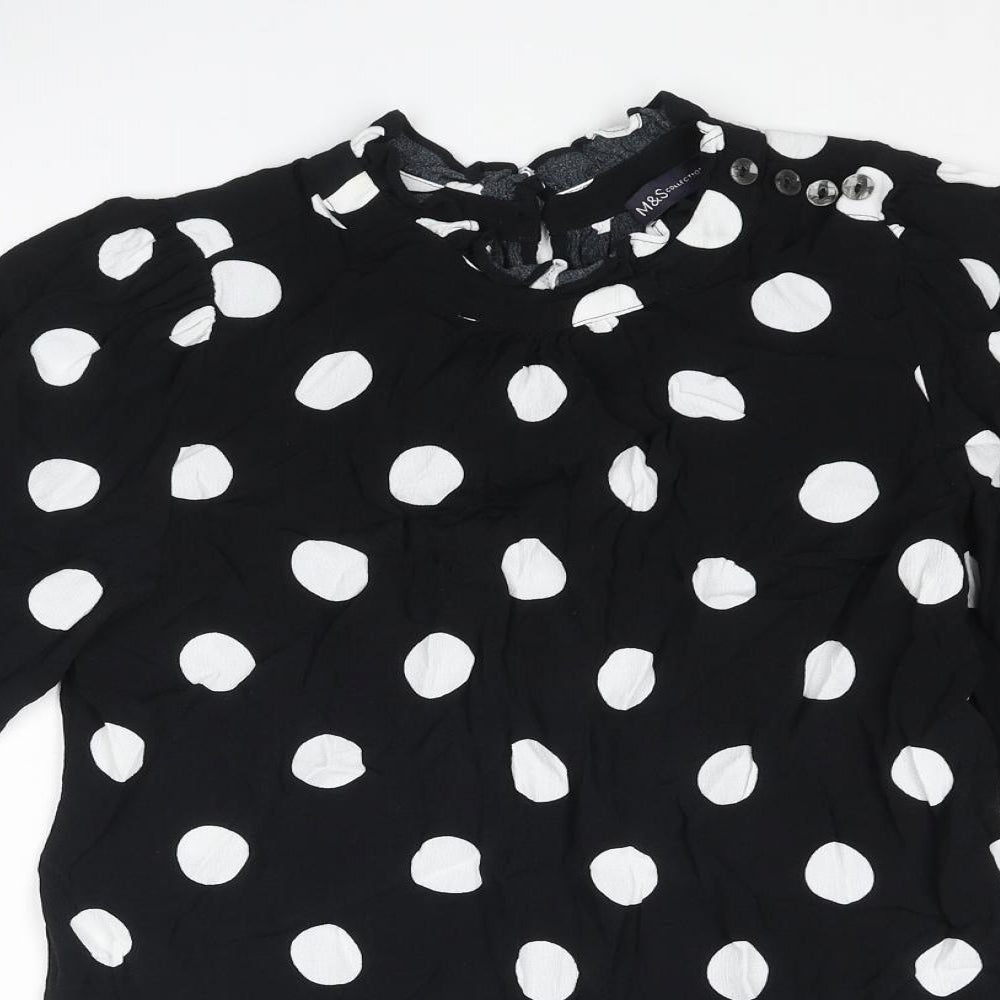 Marks and Spencer Womens Black Polka Dot Viscose Basic Blouse Size 8 Mock Neck